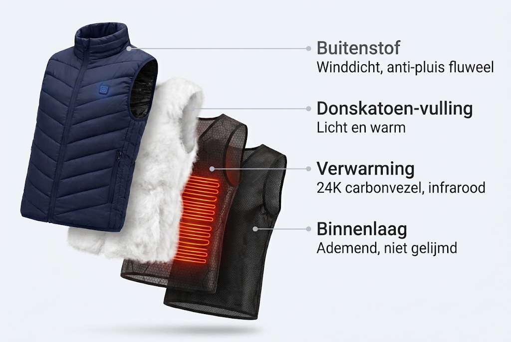 Doorsnede van de verwarmde jas met vier lagen: winddichte buitenlaag, donsvulling, verwarmde laag en meshvoering.
