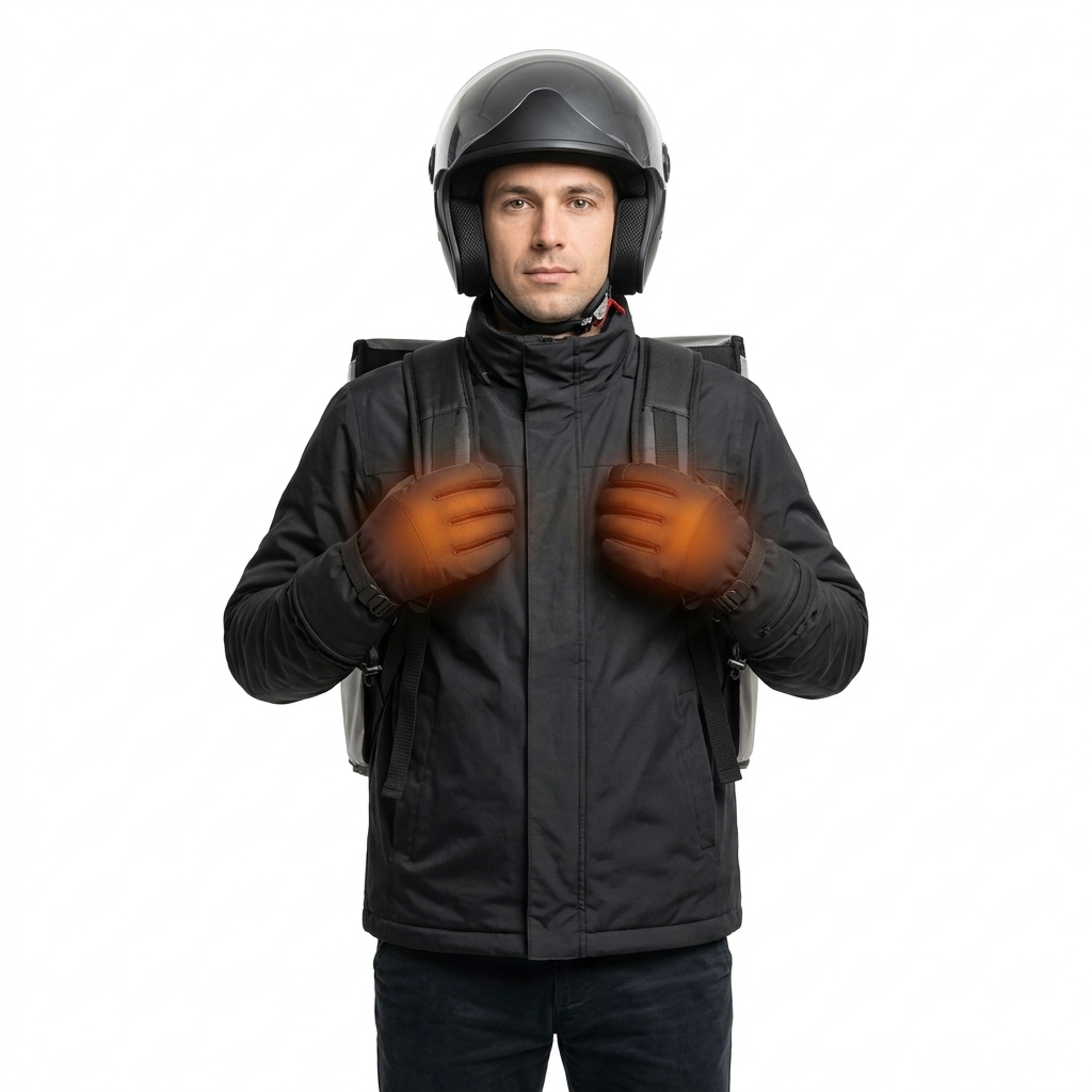 Bezorger met helm en bezorgrugzak, in verwarmde handschoenen
