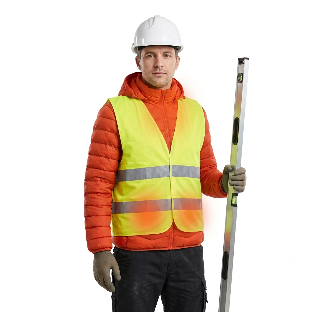 Bouwvakker met helm en veiligheidsvest in een verwarmde jas