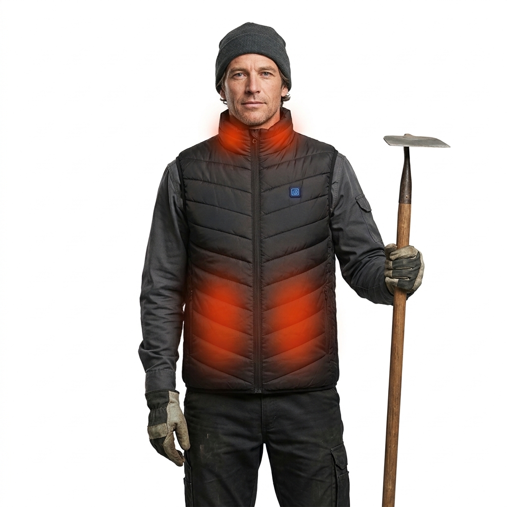 Hovenier met een schoffel, in een verwarmde bodywarmer