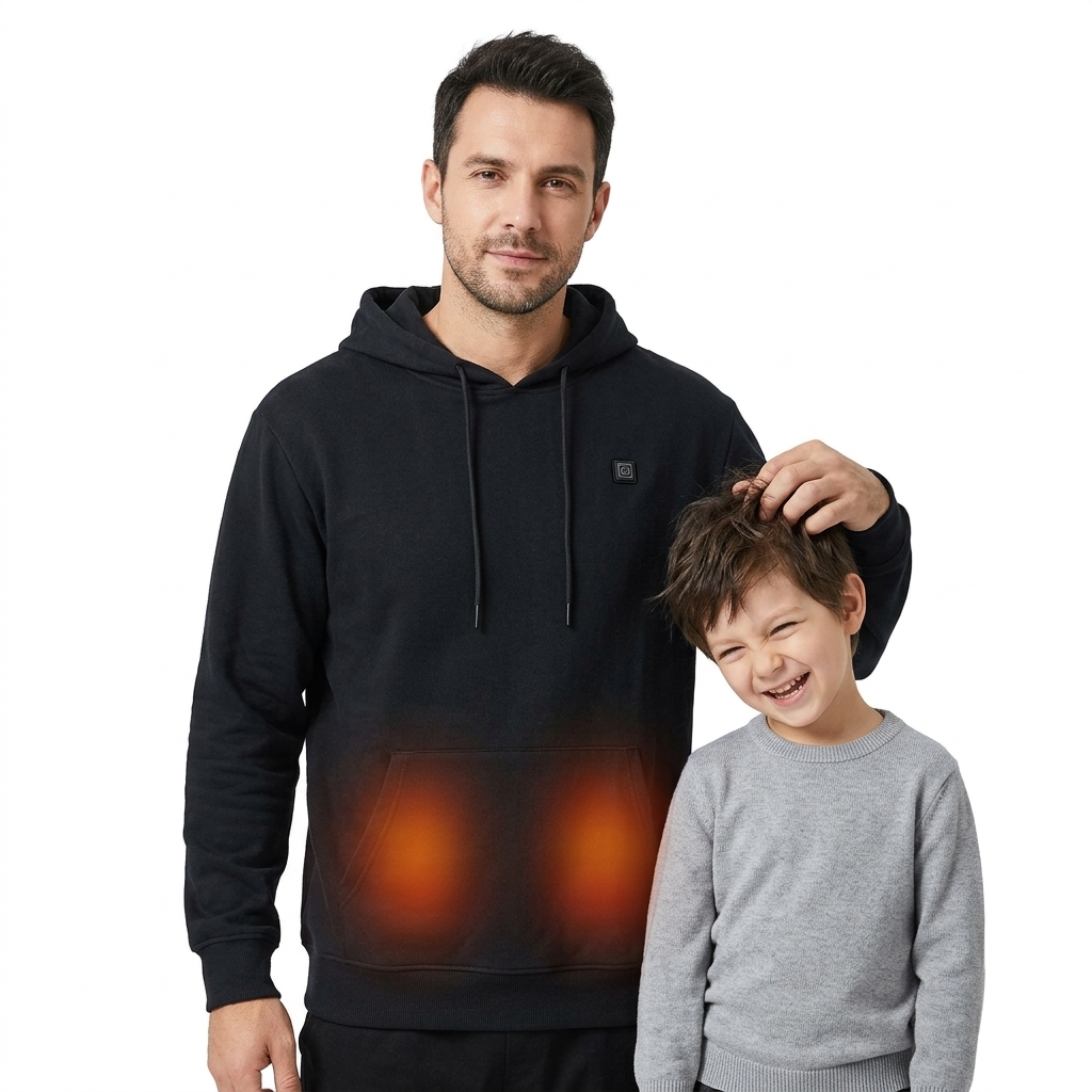 Vader met zijn hand op het hoofd van een lachende zoon, in een verwarmde hoodie